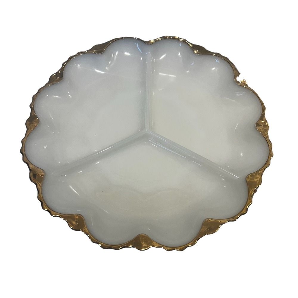 Vintage Anchor Hocking Milk Glass 3 Section Serving Plate w/Scalloped Gold Trim!